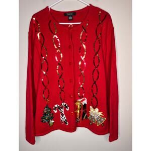 2000s Crystal Kobe Sequins Christmas Bells Candy Cane Ornaments Cardigan XXL